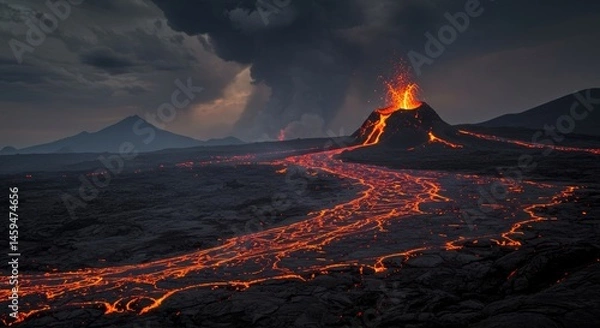 Fototapeta Volcanic Eruption at Night - A stunning nighttime view of a volcano erupting, with glowing lava flowing down its slopes. Dramatic clouds add to the scene's intensity