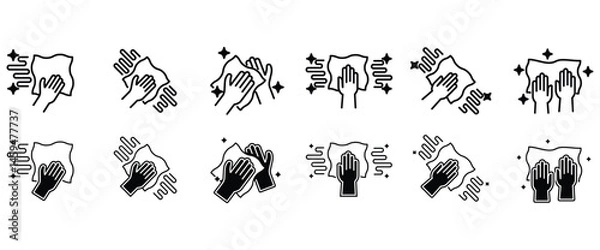 Obraz Cleaning cloth icon set. Vector icon set featuring various movements of equipment. Cleaning cloth symbol. Household appliances sign. Vector illustration on transparent background. Flat Icon Set
