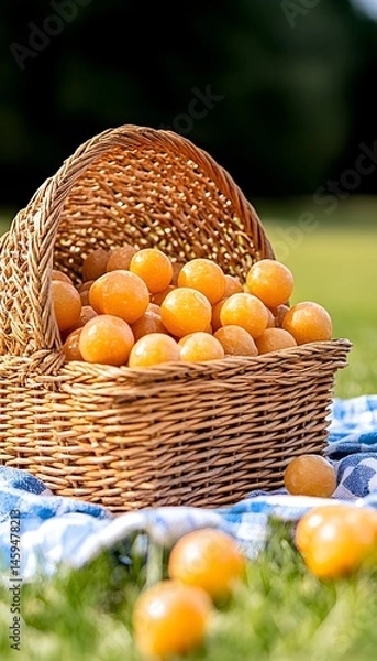 Fototapeta A wicker basket overflowing with vibrant yellow plums sits on a checkered picnic blanket in a sunny, grassy field.  A few plums spill onto the grass nearby