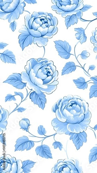 Fototapeta Delicate blue roses and leaves on white background, creating a floral pattern