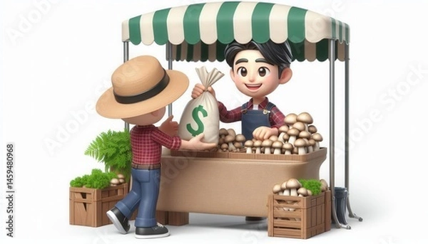 Fototapeta Mushroom market sale local farmers market digital art vibrant setting front view commerce