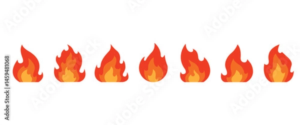 Obraz Set of vector red fire icons in simple shapes. Fire icons in flat style. Fire symbols. Vector illustration of fire, wildfire and campfire on transparent background.