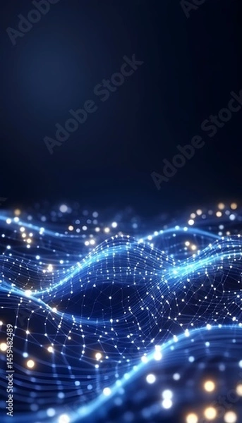 Fototapeta Glowing network of nodes and connections forming undulating waves against a dark background