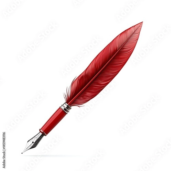 Fototapeta Evolution imagination originality concept, A striking red feather quill pen with a silver nib, perfect for representing creativity and elegance in writing, literature, or artistic projects.