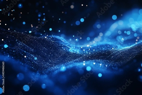 Fototapeta Abstract digital landscape of flowing particles.  Particles in various shades of blue and dark create undulating waves over a dark background