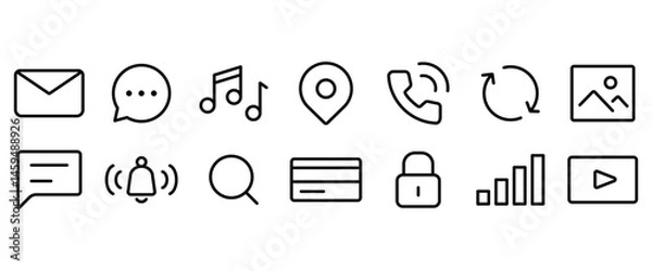 Obraz Set of icons of smart buttons in social media applications, Mobile Phone Functions and Settings line icons. Smartphone technology vector linear icon vector illustration in transparent background.