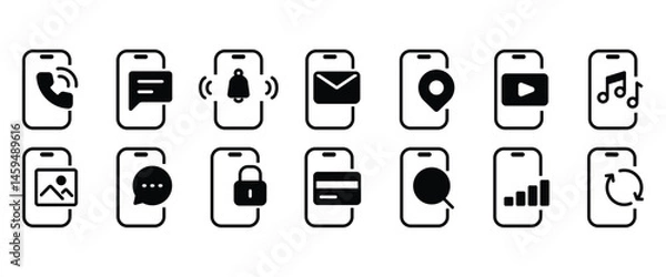 Obraz Flat icon set of smart buttons in social media applications. Smartphone functions and settings icons. Set of buttons template for mobile phone online app, ui.
