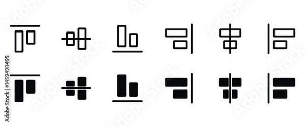 Obraz Simple icon set of Align design editor, icon of Top, Middle, Bottom, Left, Center and right for editing position design. Vector Icons Design Pack in transparent background.