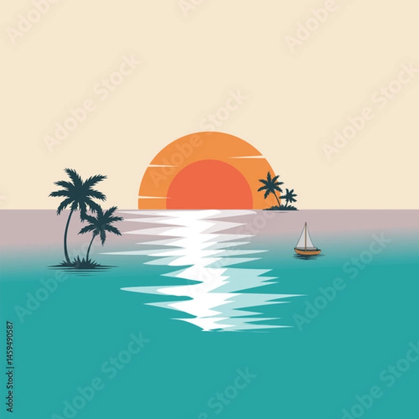 Fototapeta Sunset over the Ocean with Palm Trees and a Sailboat