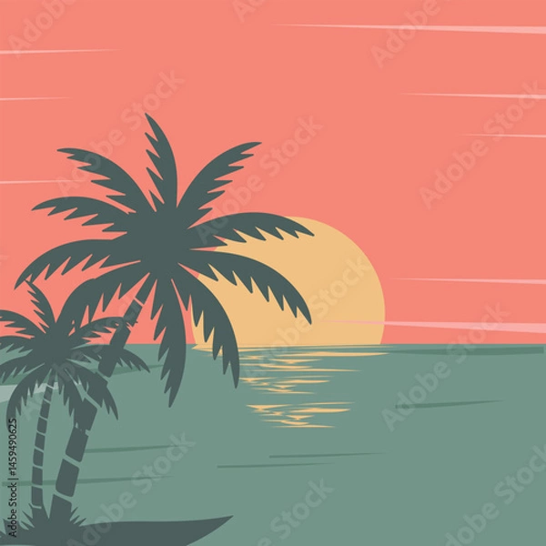 Fototapeta vector illustration of palm trees with sea and sunset on a tropical beach