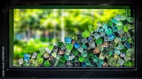 Fototapeta Upcycling and process concept. Stained glass window with colorful abstract shapes and greenery background.