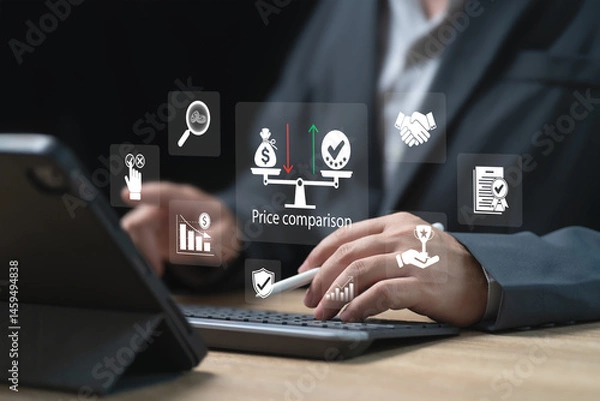 Obraz Comparison of price and quality for product concept, Businessman Comparison price for cost reduction, Best quality, Supplier reviews to compare the cheapest prices, Choice, Value for money.