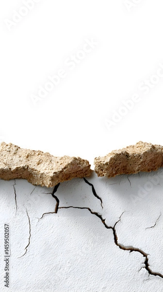 Obraz Weathered white wall revealing broken bricks, exposing crumbling urban surface, symbolizing structural decay and architectural vulnerability