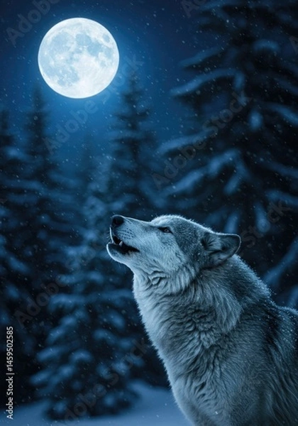 Fototapeta Close-up of howling wolf under full moon in snowy forest, winter wildlife concept