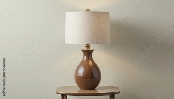 Fototapeta A brown ceramic lamp with a white lampshade sitting on a small wooden table against a neutral wall