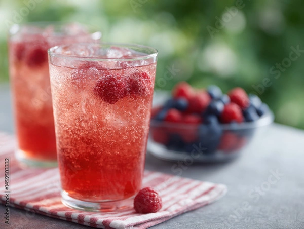 Fototapeta Sparkling berry drinks with raspberries and blueberries on striped cloth