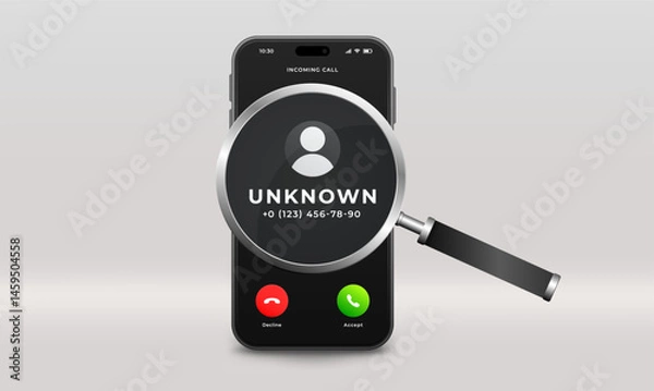 Fototapeta Search and check security of unknown mobile number, vector illustration. Caller identification. Smartphone and magnifying glass. Incoming call. 