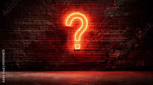 Fototapeta Neon question mark sign on a dark brick wall, creating an intriguing and mysterious atmosphere, ideal for concepts related to questions, inquiries, or mysteries