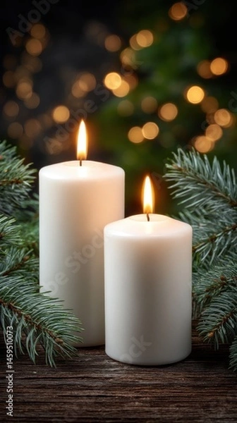 Fototapeta Burning white wax candles with bright flame on rustic wooden surface surrounded by festive evergreen branches, bokeh lights background