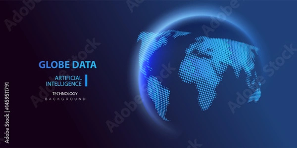 Fototapeta Globe data world map. Globe Ai halftone background. Round particles dots technology banner. Artificial Intelligence futuristic sphere network connect vector design.