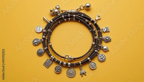 Fototapeta Close up of a layered charm bracelet with silver accents on a yellow background creating a circular shape