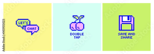 Obraz Set of Y2k Retro Pixel art stickers. Icons with call to actions for Social media. Speech bubbles for chatting, save and share with floppy disk. Double tap with cherries for like. Nostalgia Futuristic
