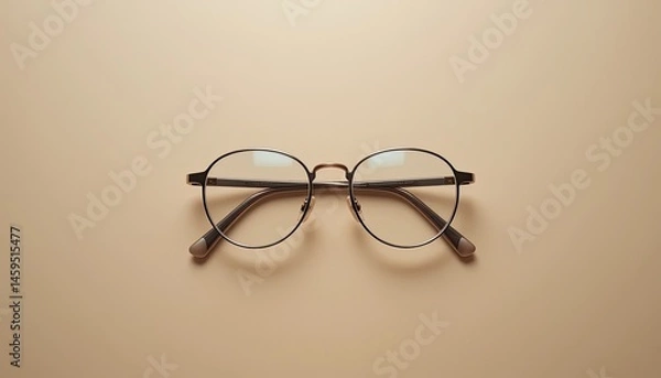 Obraz Close up shot of round eyeglasses with metal frame on a beige surface in a studio setting view from above