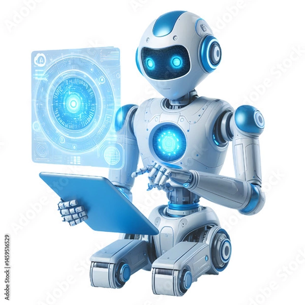 Obraz Ai robot using tablet isolate on White background