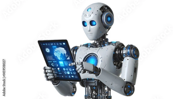 Obraz Ai robot using tablet isolate on White background