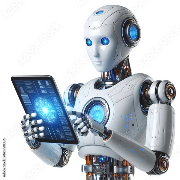 Obraz Ai robot using tablet isolate on White background