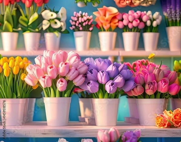 Fototapeta Flower Shop Display with Colorful Bouquets of Tulips and Seasonal Blooms in Bright Pots Creating a Cheerful Atmosphere for Floral Enthusiasts and Shoppers