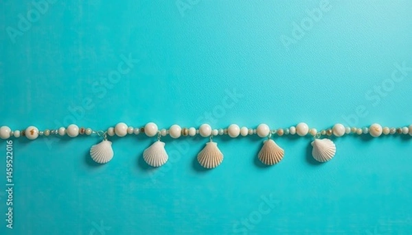 Fototapeta Seashells and beads garland on a blue background creating a beachy and decorative summer vibe look