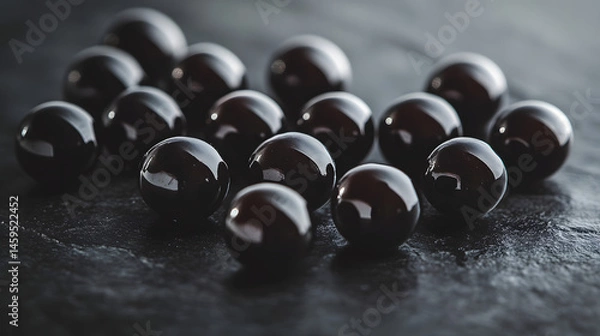 Fototapeta Deep black Tasmanian pepper berries loosely scattered on a smooth matte background, their glossy finish highlighted.