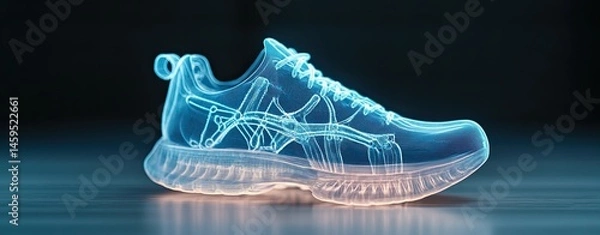 Fototapeta Conceptual 3D printed sneaker manufactured with flexible thermoplastics, Futuristic glowing sneaker design isolated