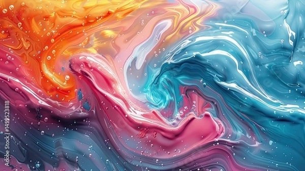 Fototapeta Colorful abstract fluid art with vibrant swirls and dynamic movement showcasing a blend of orange, pink, blue, and white tones in a mesmerizing design concept