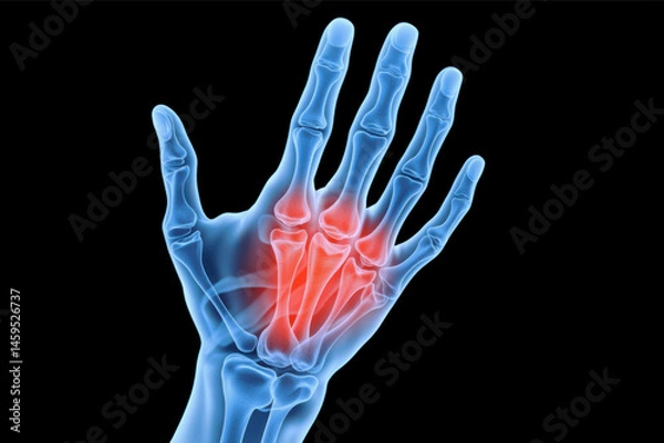 Fototapeta 3d medical rendering of hand skeleton showing pain and inflammation. X-ray illustration of hand bones with inflammation highlighted in red.