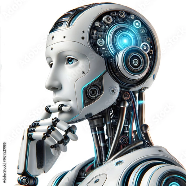 Obraz ai robot thinking, side view isolated on white background