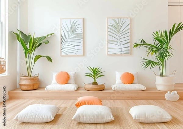 Fototapeta Serene Minimalist Living Space with Natural Light, Lush Green Plants, Cozy Cushions, and Calming Artwork Creating a Tranquil Atmosphere for Relaxation and Mindfulness