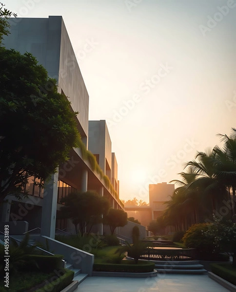 Obraz modern brutalism building with lush greenery, created by generative ai