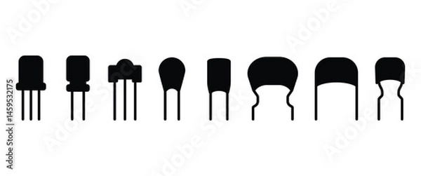 Obraz Flat icons of Electronic components. Black flat style symbols of electronic components icons. This set includes electronic components icons in transparent background in vector. Icon set.