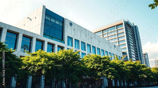 Obraz modern brutalism building with lush greenery, created by generative ai