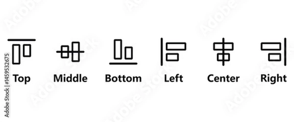 Fototapeta Icon set of Align design editor, icon of Top, Middle, Bottom, Left, Center and right for editing position design. Vector Icons Design Pack in transparent background.