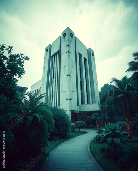Obraz modern brutalism building with lush greenery, created by generative ai