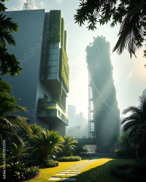 Obraz modern brutalism building with lush greenery, created by generative ai