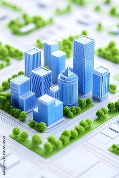 Fototapeta A miniature cityscape model showcasing a cluster of light-blue buildings nestled amongst lush green trees and winding roads, representing urban planning and eco-friendly design