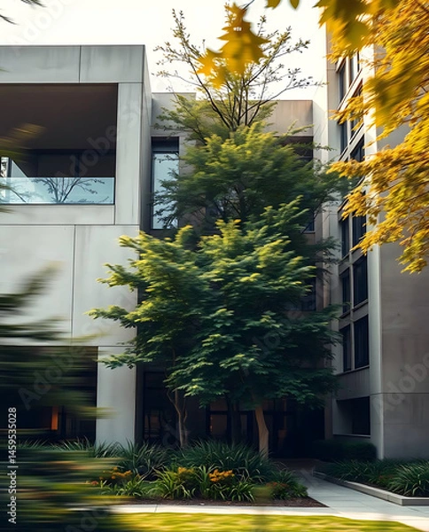 Obraz modern brutalism building with lush greenery, created by generative ai