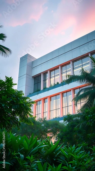 Fototapeta modern brutalism building with lush greenery, created by generative ai