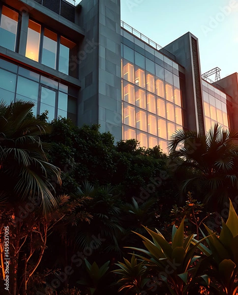 Obraz modern brutalism building with lush greenery, created by generative ai