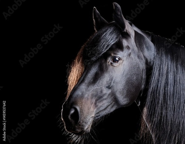 Fototapeta A black horse’s noble head stands out against the dimly lit interior of a barn. Generated with AI