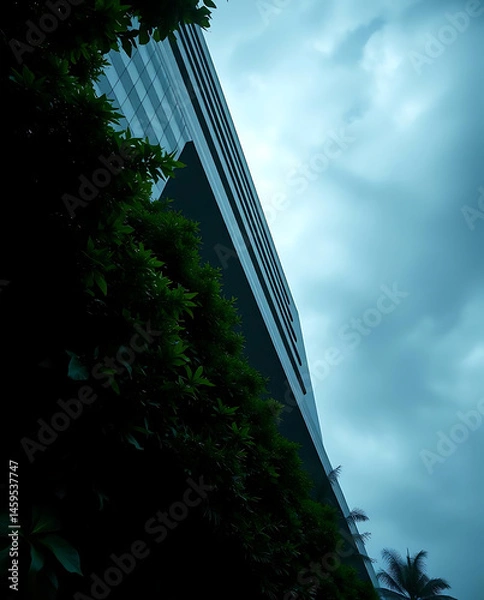 Obraz modern brutalism building with lush greenery, created by generative ai